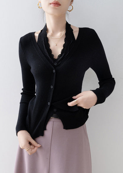 Boutique Black Lace Patchwork False Two Pieces Knitted Tops Spring