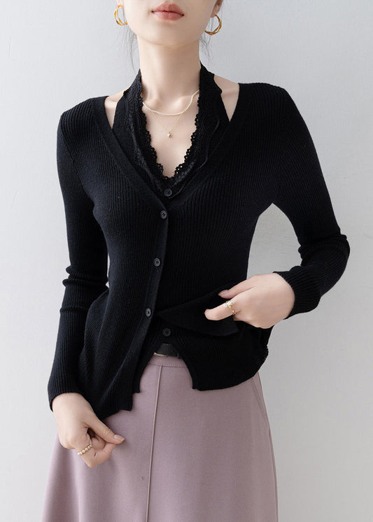 Boutique Black Lace Patchwork False Two Pieces Knitted Tops Spring