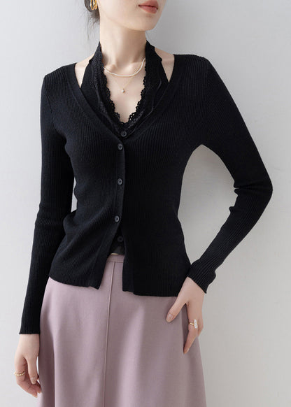 Boutique Black Lace Patchwork False Two Pieces Knitted Tops Spring