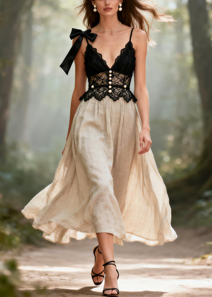 Boutique Black Lace Patchwork Fine Pearl Cami Dress Summer
