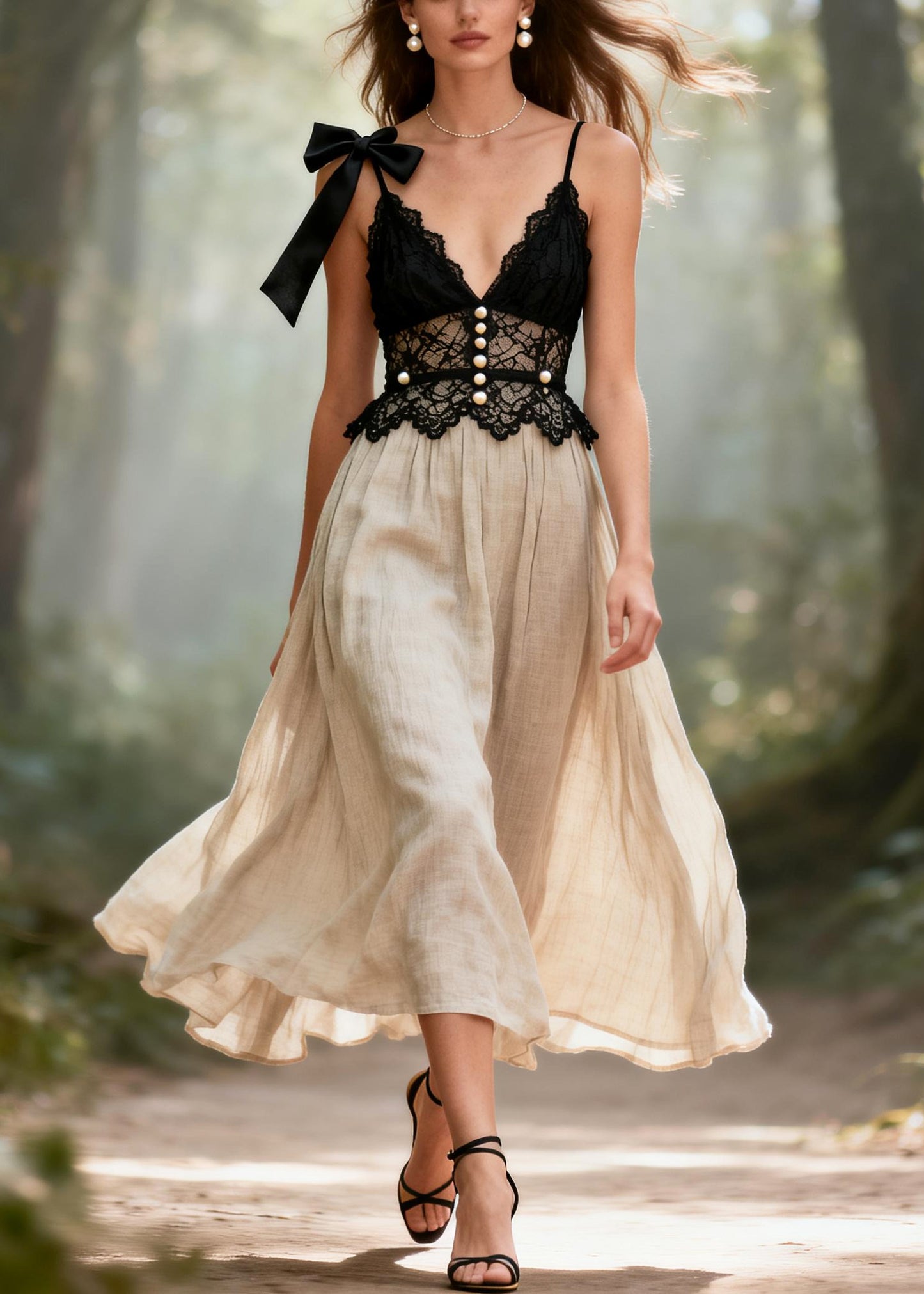 Boutique Black Lace Patchwork Fine Pearl Cami Dress Summer