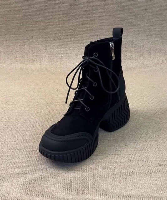 Boutique Black Lace Up Suede Splicing Chunky Boots