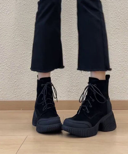 Boutique Black Lace Up Suede Splicing Chunky Boots