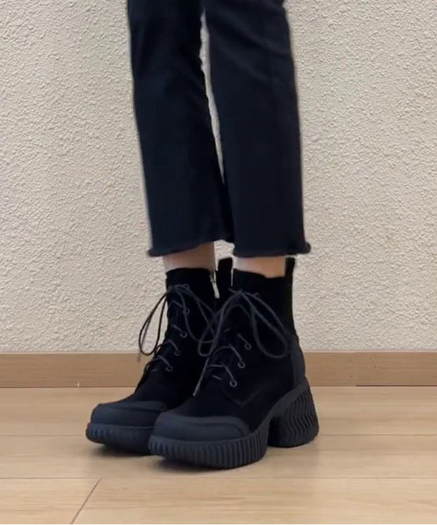 Boutique Black Lace Up Suede Splicing Chunky Boots