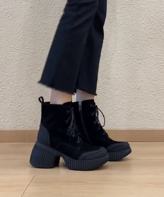 Boutique Black Lace Up Suede Splicing Chunky Boots