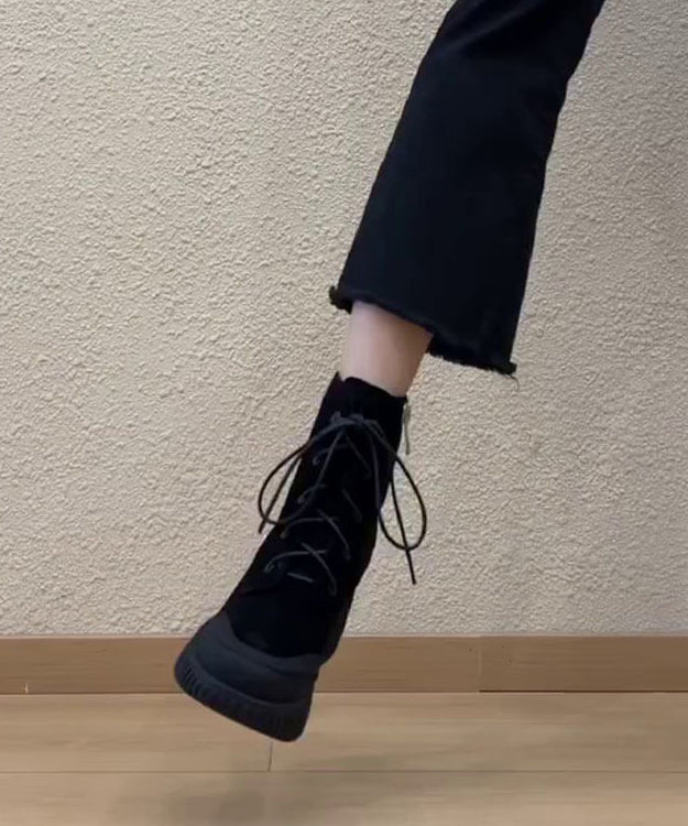 Boutique Black Lace Up Suede Splicing Chunky Boots