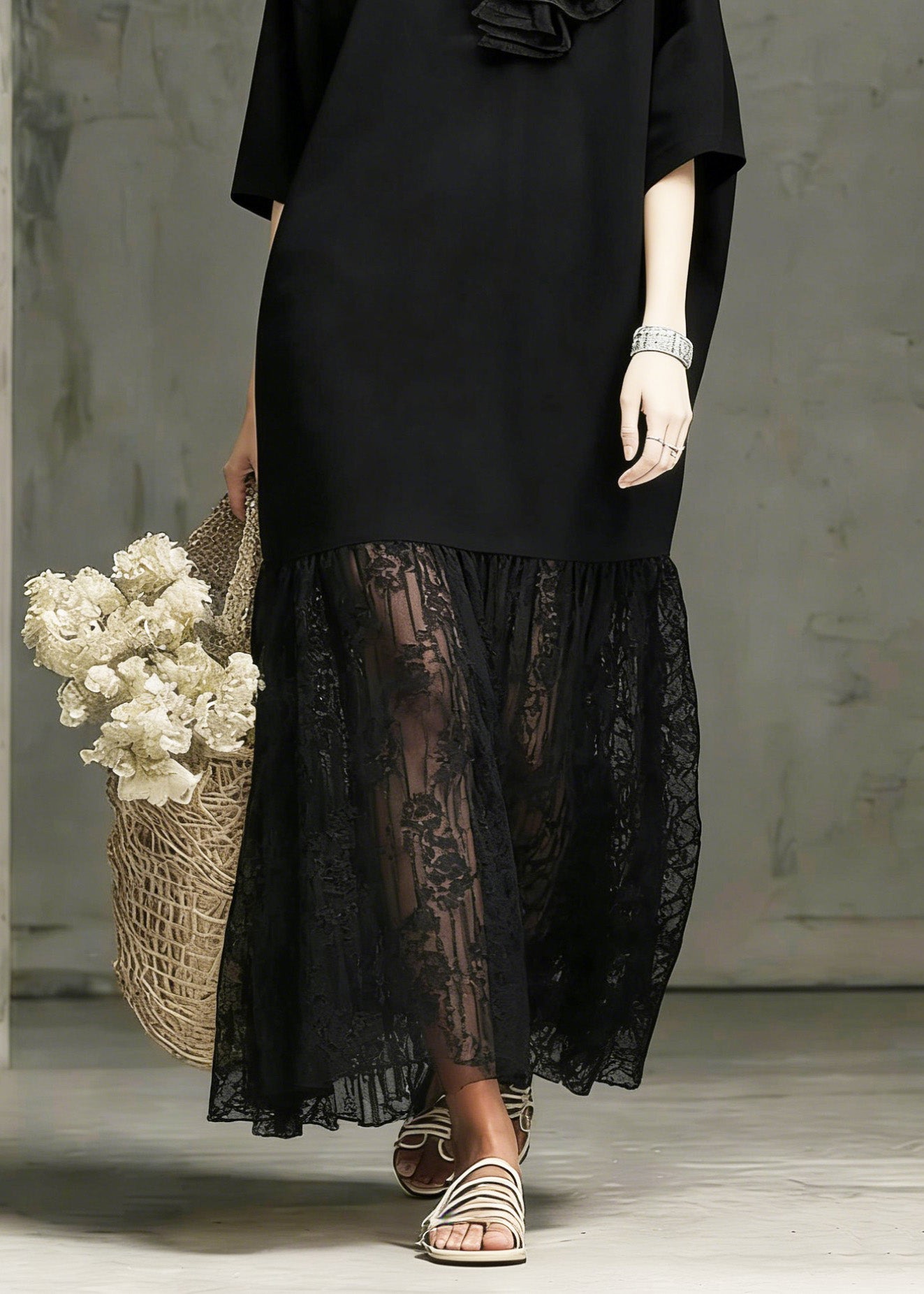 Boutique Black O Neck Floral Lace Patchwork Cotton Dress Summer