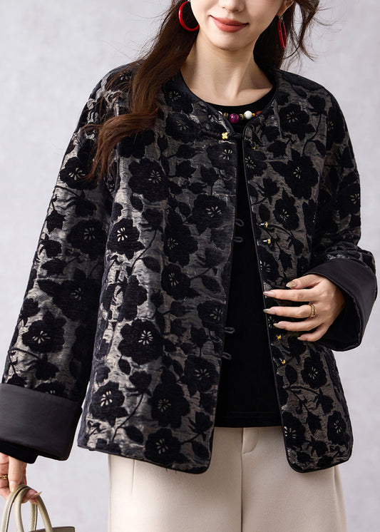 Boutique Black O Neck Jacquard Oriental Button Cotton Coat Spring