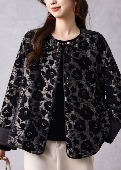 Boutique Black O Neck Jacquard Oriental Button Cotton Coat Spring