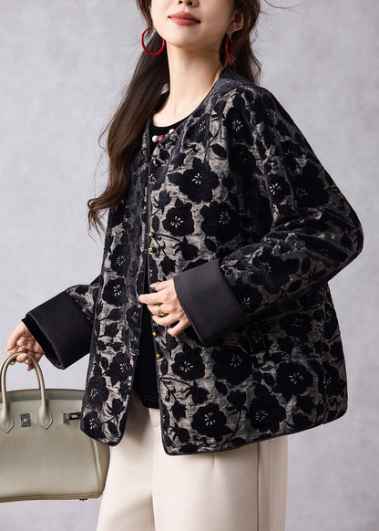 Boutique Black O Neck Jacquard Oriental Button Cotton Coat Spring