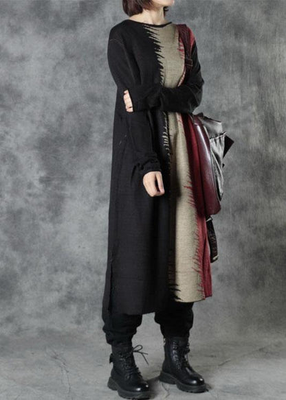 Boutique Black O-Neck Patchwork Fall Knitwear Dress - SooLinen
