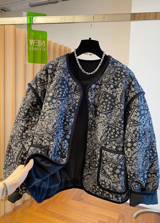 Boutique Black O Neck Pockets Print Fine Cotton Filled Jackets Fall