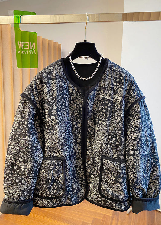 Boutique Black O Neck Pockets Print Fine Cotton Filled Jackets Fall
