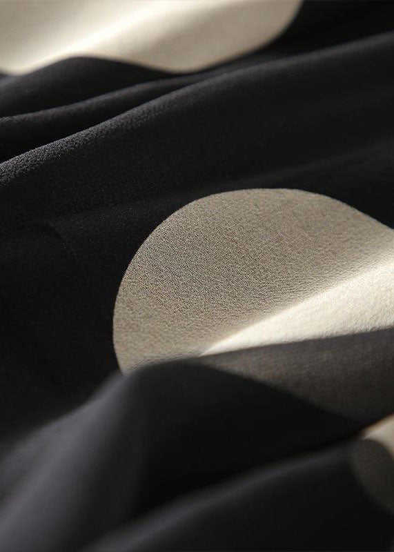 Boutique Black O-Neck Tie Waist Dot Print Chiffon Long Dresses Flare Sleeve