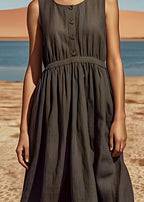 Boutique Black O Neck Wrinkled Patchwork Cotton Dresses Sleeveless