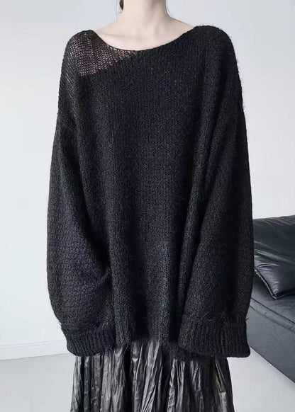 Boutique Black One Shoulder Hollow Out Knit Sweater Tops Winter