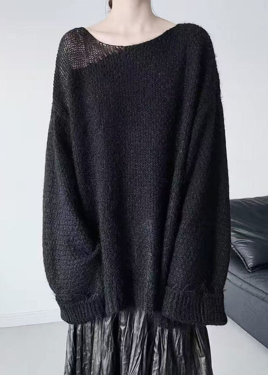 Boutique Black One Shoulder Hollow Out Knit Sweater Tops Winter