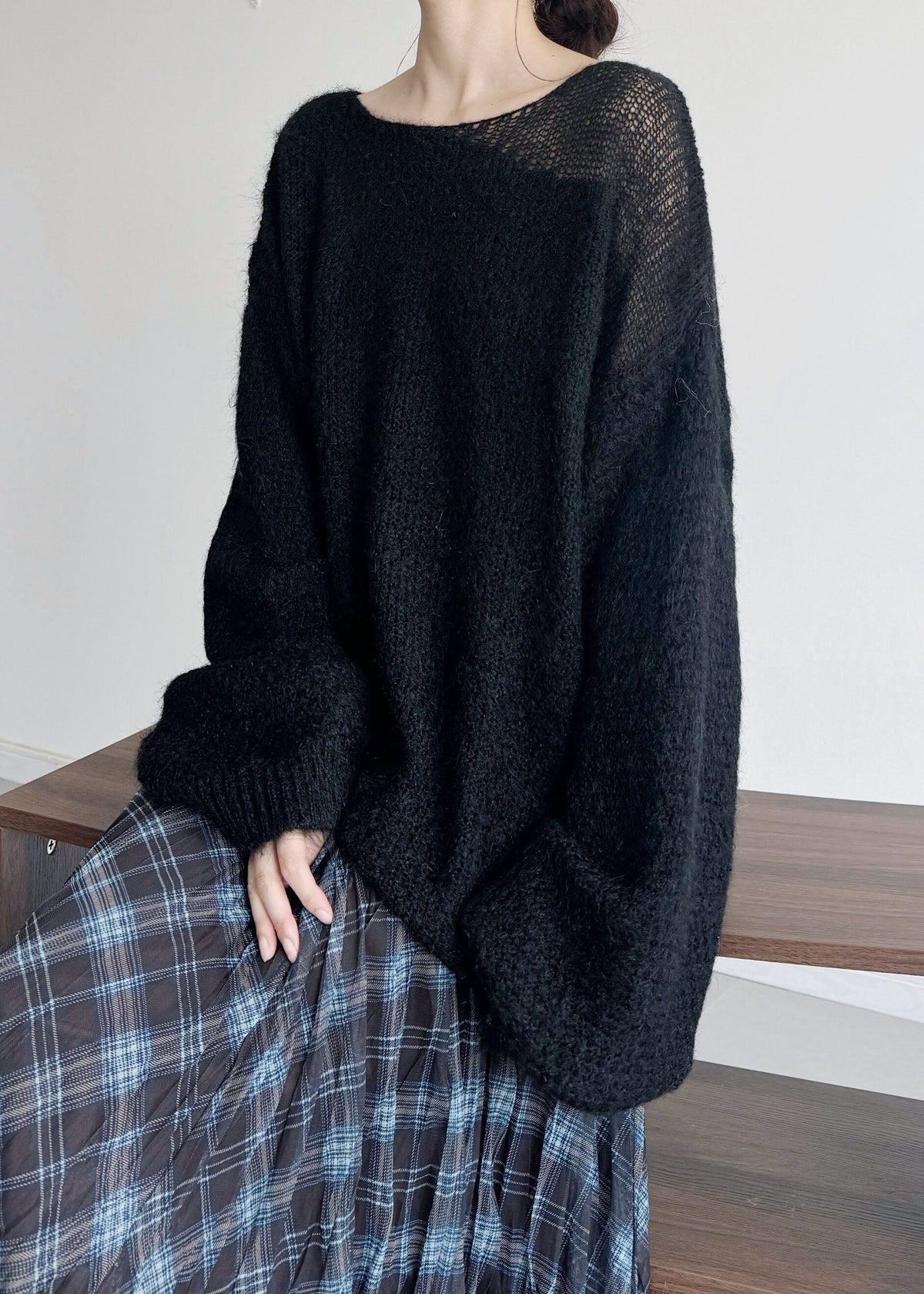 Boutique Black One Shoulder Hollow Out Knit Sweater Tops Winter