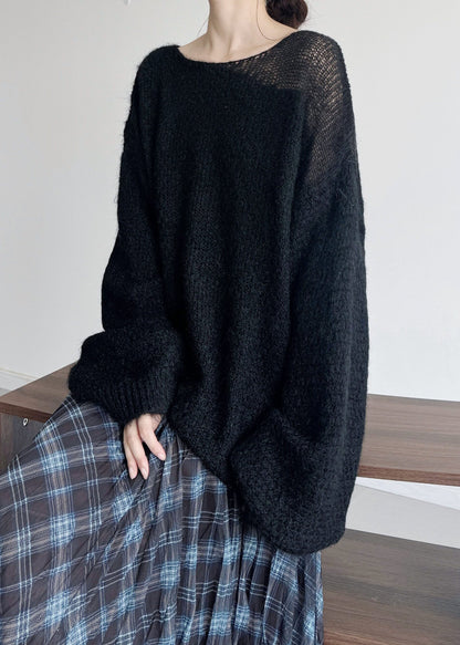 Boutique Black One Shoulder Hollow Out Knit Sweater Tops Winter