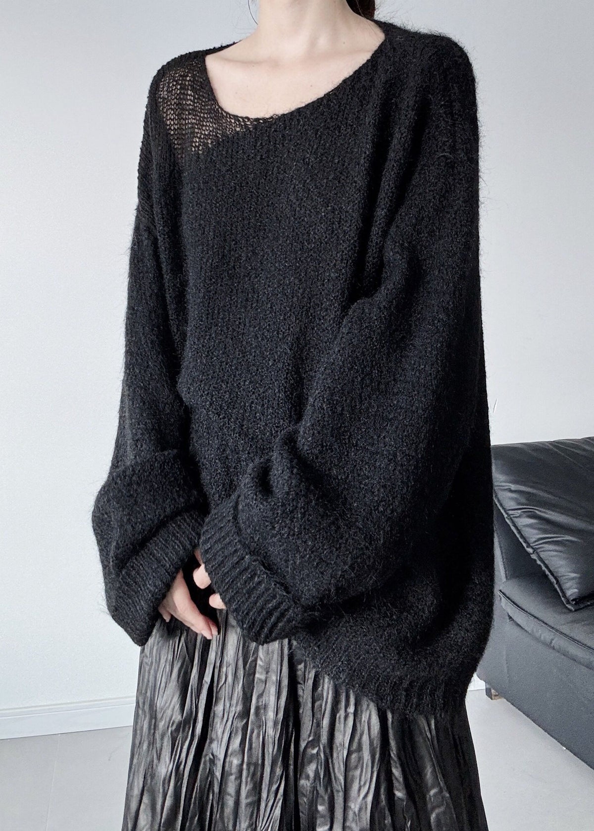 Boutique Black One Shoulder Hollow Out Knit Sweater Tops Winter