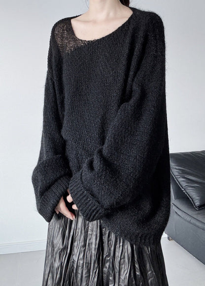 Boutique Black One Shoulder Hollow Out Knit Sweater Tops Winter