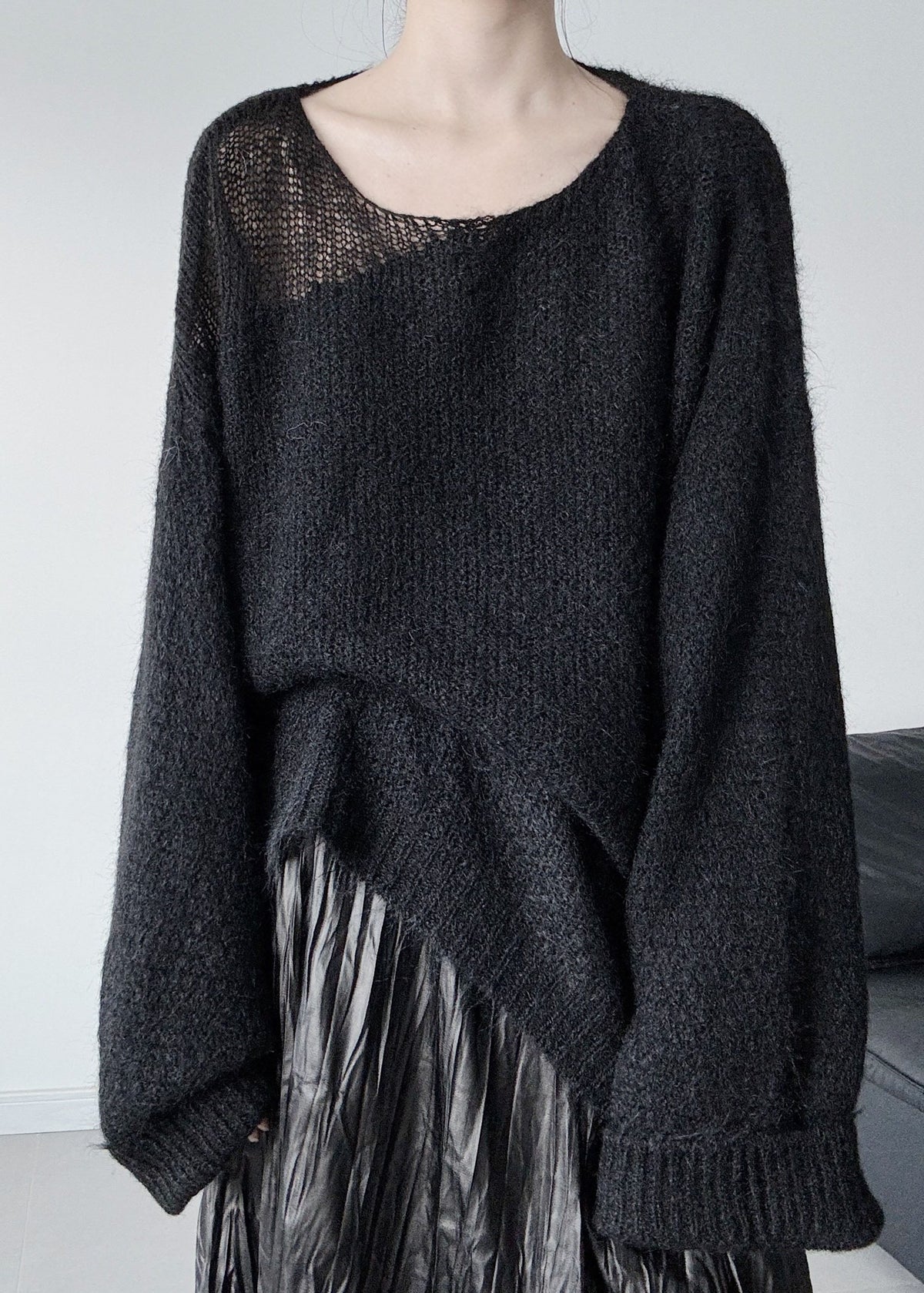Boutique Black One Shoulder Hollow Out Knit Sweater Tops Winter