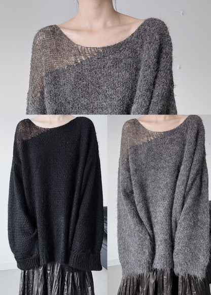 Boutique Black One Shoulder Hollow Out Knit Sweater Tops Winter