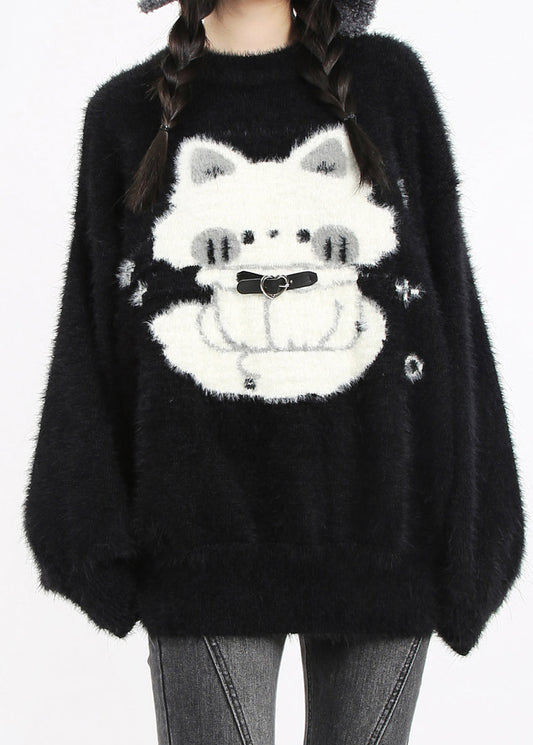 Boutique Black Oversized Cute Cat Faux Mink Hair Knit Short Sweater Winter