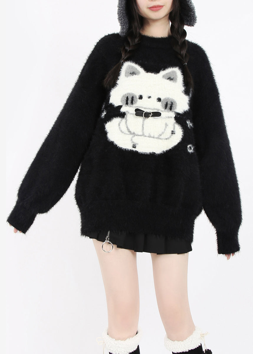 Boutique Black Oversized Cute Cat Faux Mink Hair Knit Short Sweater Winter