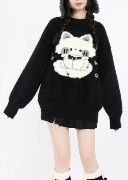 Boutique Black Oversized Cute Cat Faux Mink Hair Knit Short Sweater Winter