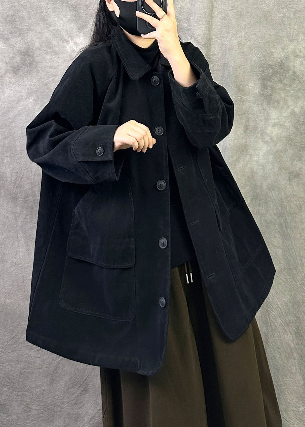 Boutique Black Oversized Patchwork Cotton Trench Fall