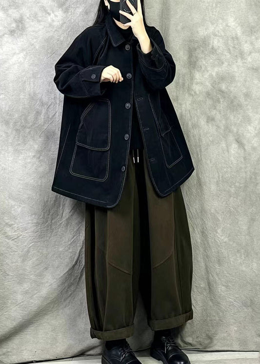Boutique Black Oversized Patchwork Cotton Trench Fall