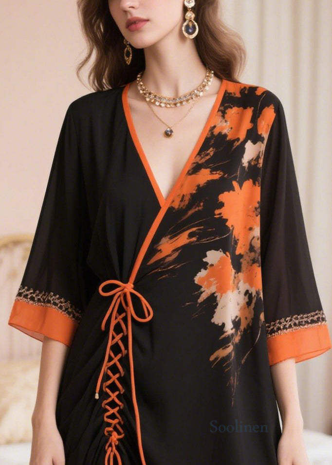 Boutique Black Oversized Patchwork Cross Strap Chiffon Dress Summer