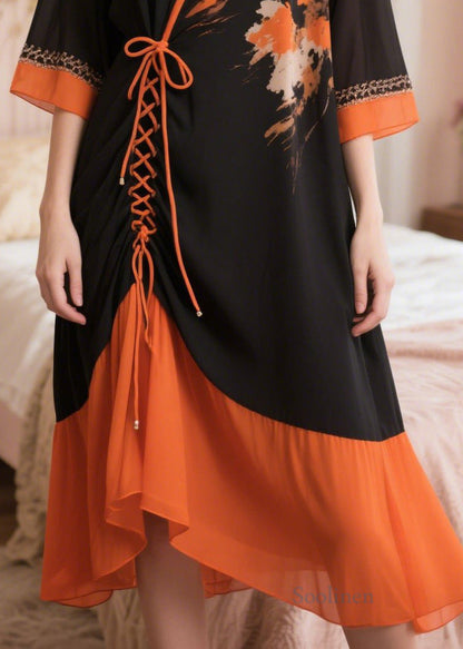 Boutique Black Oversized Patchwork Cross Strap Chiffon Dress Summer