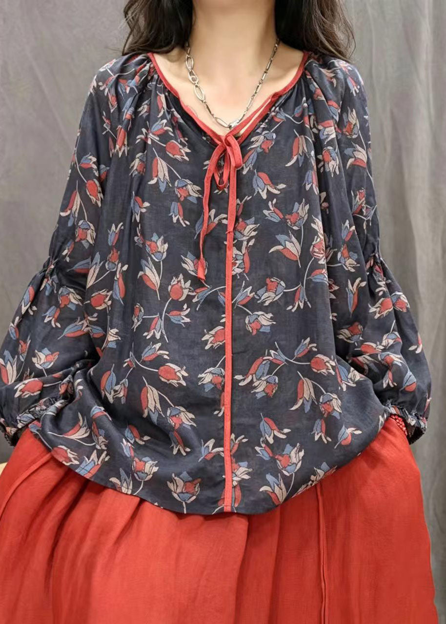 Boutique Black Oversized Print Cotton Blouses Fall