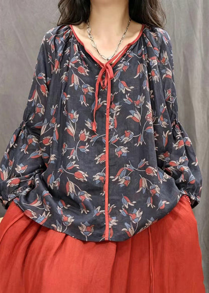 Boutique Black Oversized Print Cotton Blouses Fall