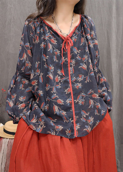 Boutique Black Oversized Print Cotton Blouses Fall