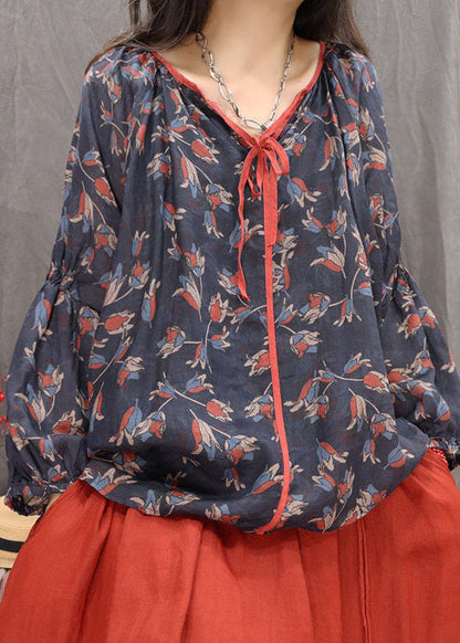 Boutique Black Oversized Print Cotton Blouses Fall
