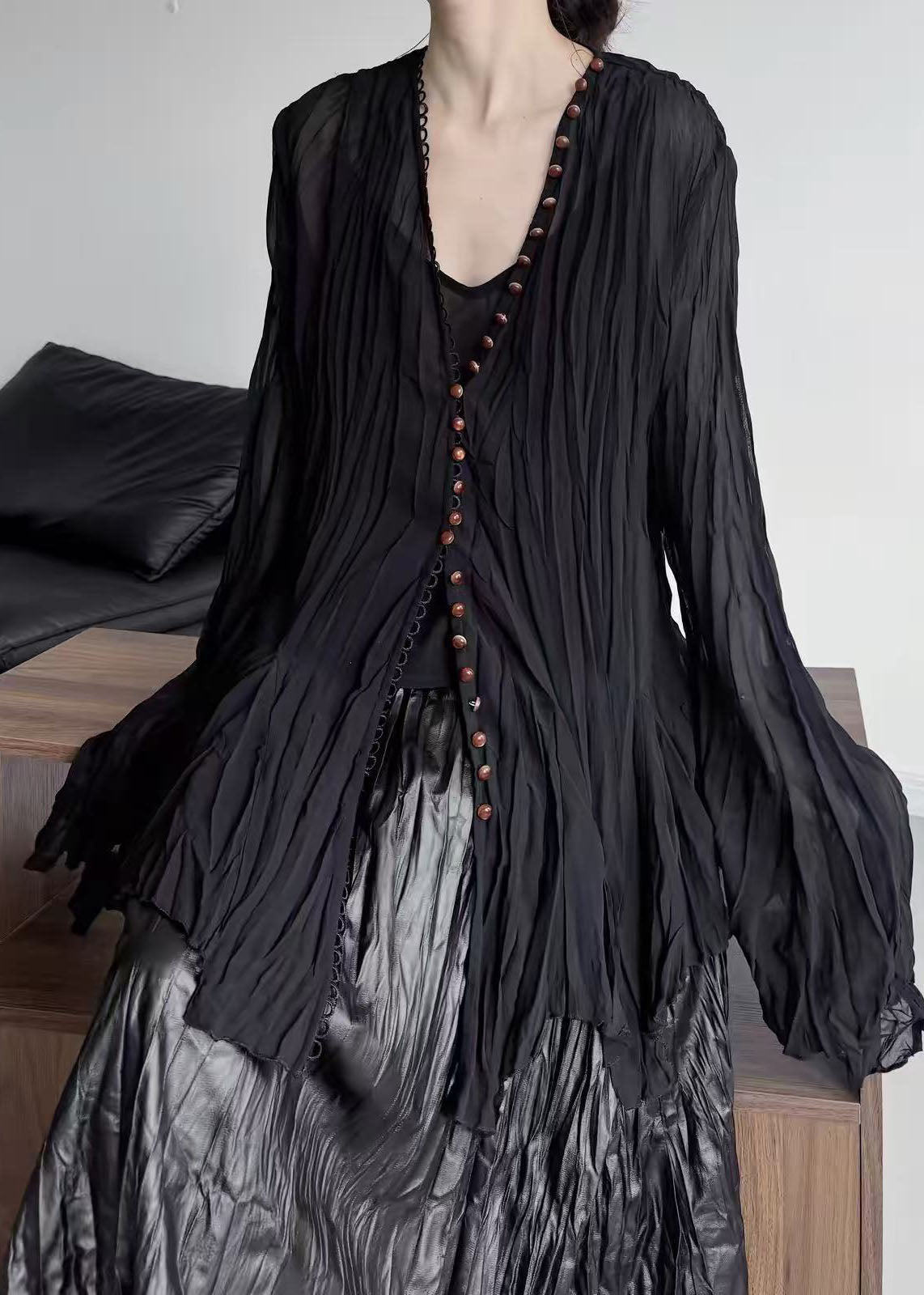 Boutique Black Oversized Wrinkled Chiffon Blouse Top Flare Sleeve