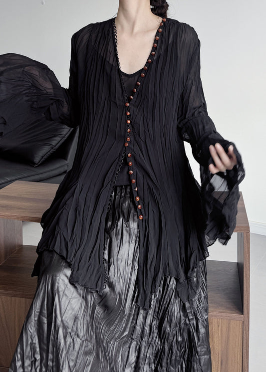 Boutique Black Oversized Wrinkled Chiffon Blouse Top Flare Sleeve