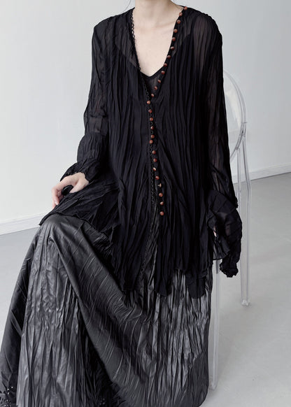 Boutique Black Oversized Wrinkled Chiffon Blouse Top Flare Sleeve