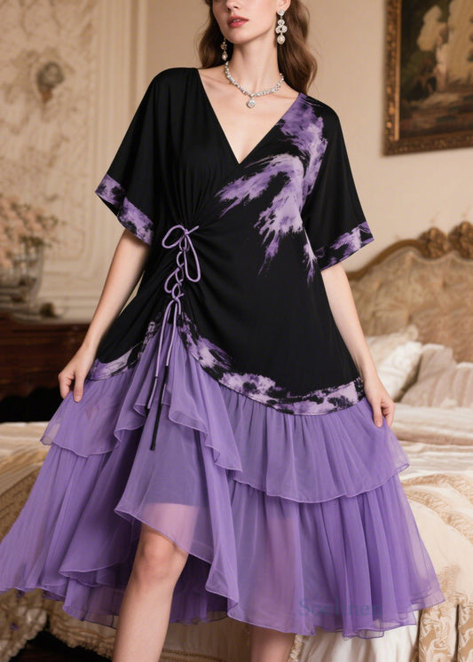 Boutique Black Patchwork Cross Strap Chiffon Tea Dress Summer