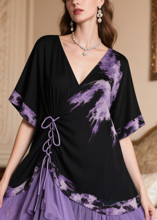 Boutique Black Patchwork Cross Strap Chiffon Tea Dress Summer