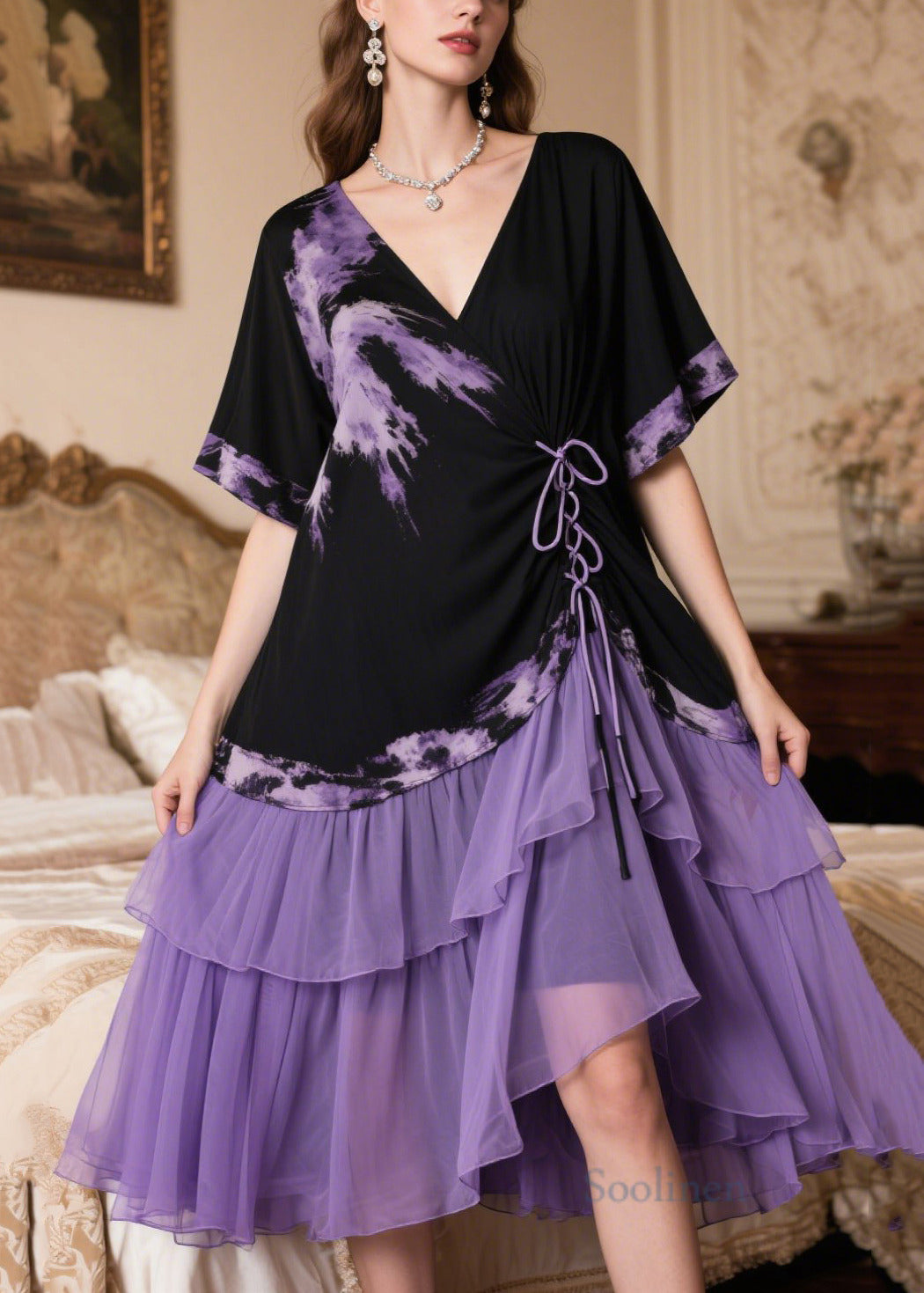 Boutique Black Patchwork Cross Strap Chiffon Tea Dress Summer