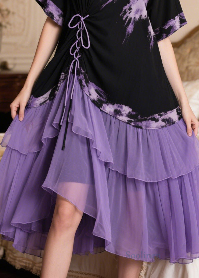 Boutique Black Patchwork Cross Strap Chiffon Tea Dress Summer