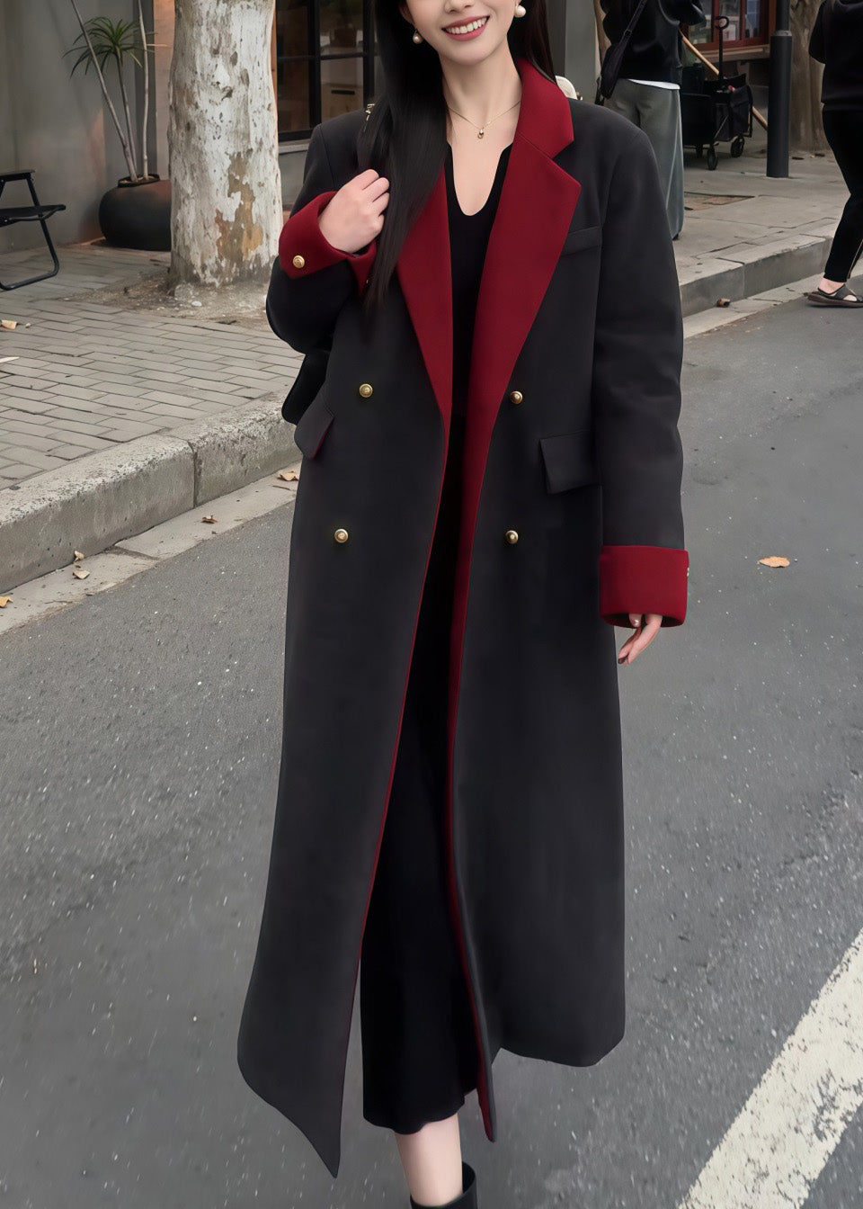 Boutique Black Peter Pan Collar Pockets Woolen Coat Spring