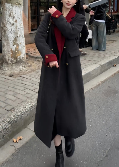 Boutique Black Peter Pan Collar Pockets Woolen Coat Spring