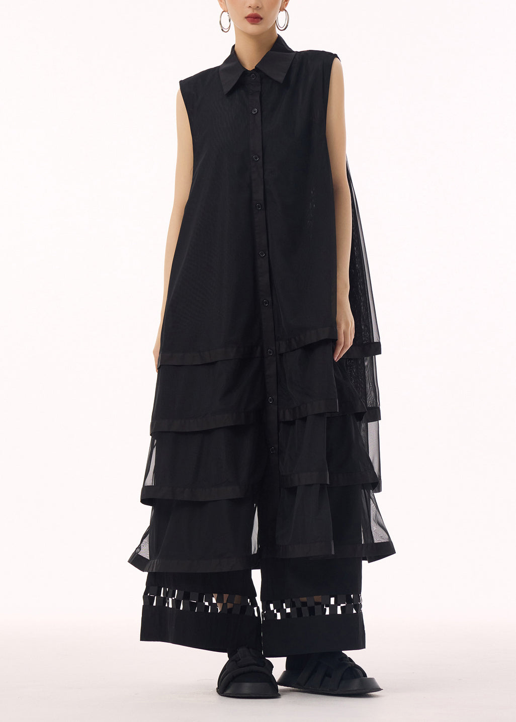 Boutique Black Peter Pan Collar Tulle Layered Patchwork Cotton Dress Summer