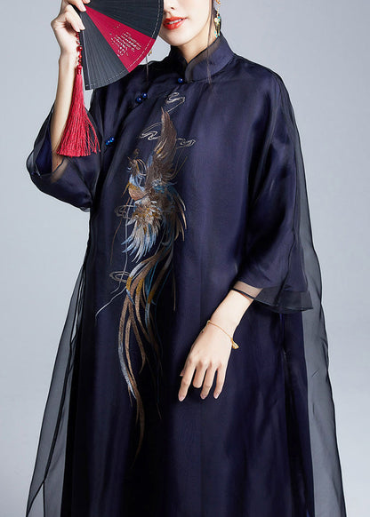 Boutique Black Phoenix Embroidered Silk Long Dress Summer