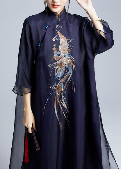 Boutique Black Phoenix Embroidered Silk Long Dress Summer